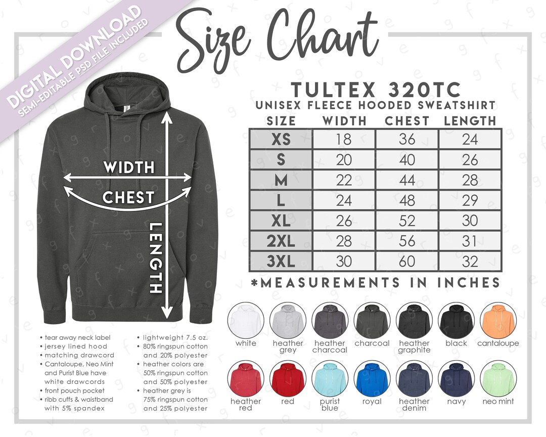 Semi-editable Tultex 320TC Size Color Chart Tultex Unisex Pullover ...