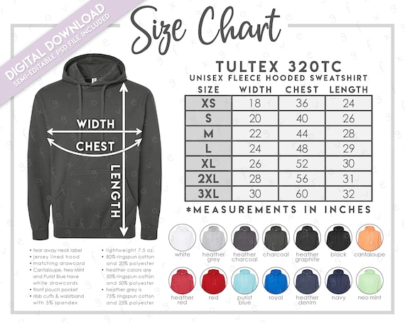 Semi-editable Tultex 320TC Size Color Chart Tultex Unisex Pullover Hoodie  Size Chart Tultex 320 Size Chart Tultex 320 Color Chart -  Hong Kong