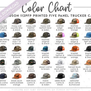 Tabla de colores semieditable Richardson 112PFP • Tabla de colores de gorras de camionero de cinco paneles impresas Richardson • Guía de colores de gorras de camionero Richardson