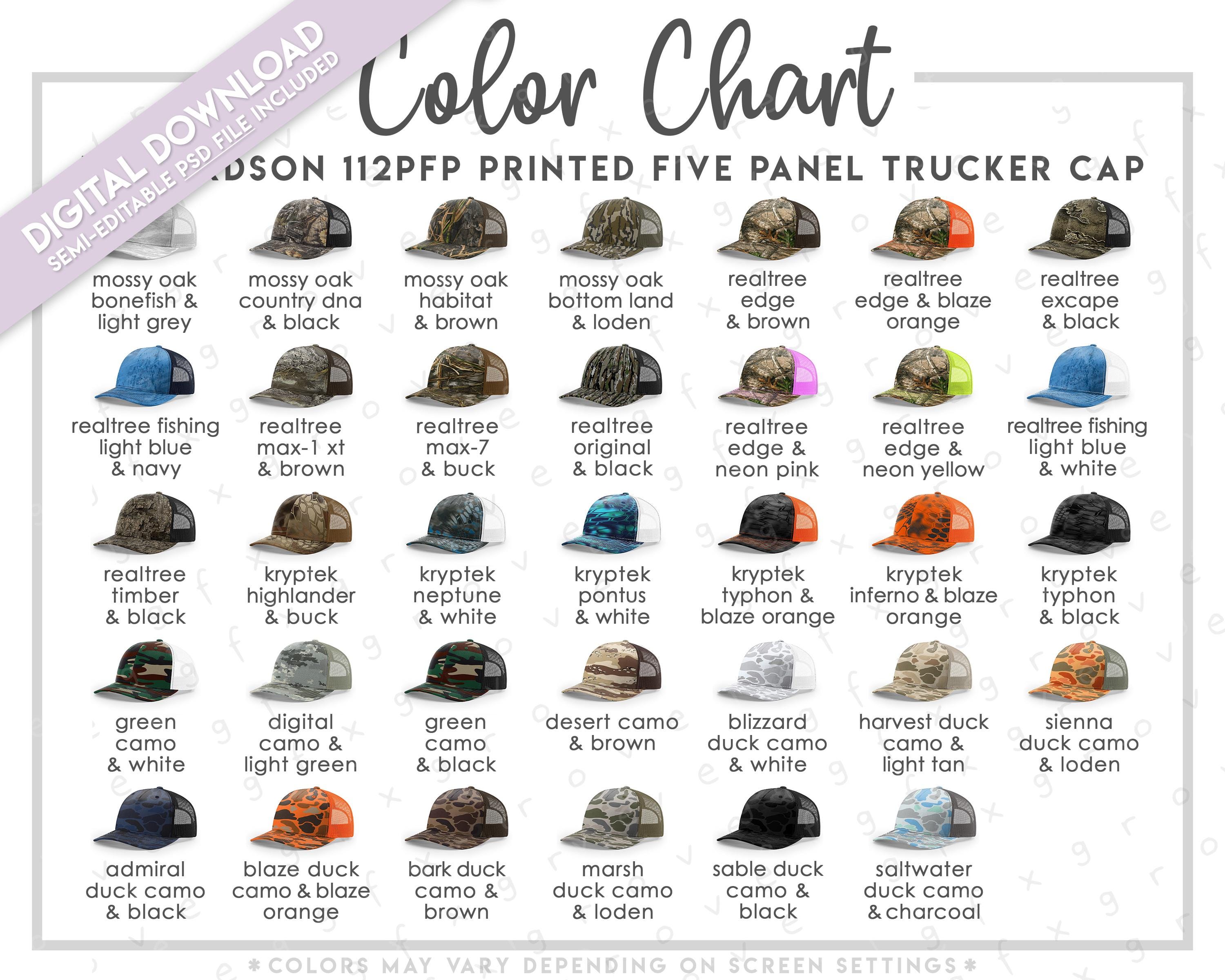 Semi-Editable Richardson 112PFP Color Chart • Richardson Printed Five Panel Trucker Cap Color Chart • Richardson Trucker Hat Color Guide