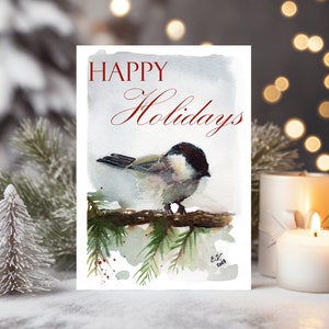 de Noël à l'aquarelle | Aquarelle peinte à la main d'un mésange | Cartes de Noël oiseaux
