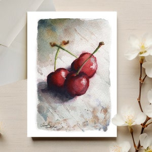 Kersen wenskaart | Blanco wenskaarten | Stilleven | Aquarelkaarten | Fruitwenskaarten | Handgemaakt wenskaarten