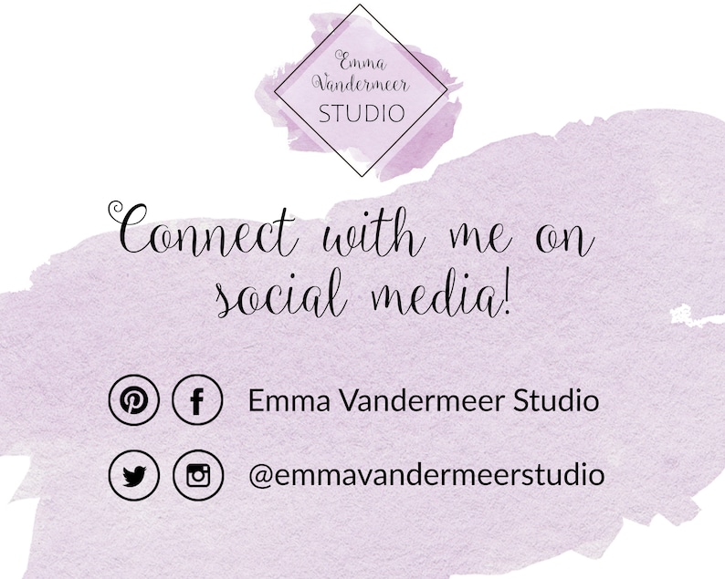 Może przedstawiać: Tło akwarelowe z tekstem "Connect with me on social media!" i ikonami medi&oacute;w społecznościowych dla Pinterest, Facebook, Twitter i Instagram. Tekst "Emma Vandermeer Studio" i "@emmavandermeerstudio" r&oacute;wnież się znajduje.