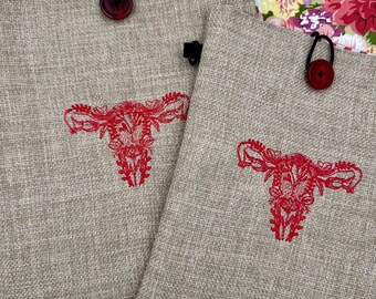 Broderad bokomslag med helig livmoder