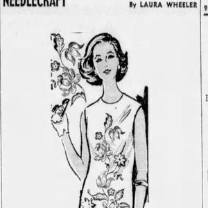 May include: A black and white illustration of a woman wearing a simple shift dress with a floral embroidery design. The dress is accented by a 21-inch spray in outline, single stitch. The pattern number is 714. The text "THIRTY-FIVE CENTS" is printed below the illustration.