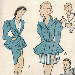 May include: Vintage sewing pattern featuring illustrations of jackets and skirts. The pattern includes drawings of various jacket styles, including a double-breasted design and a jacket with a peplum. The text on the pattern reads "Basic Costume Patterns".