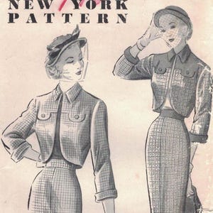 May include: Vintage New York Pattern 923, size 10, featuring a pencil skirt suit with a cropped jacket. The illustration is in black and white, showcasing a classic 1940s or 1950s style. The text "Louise Scott Creation" is visible.