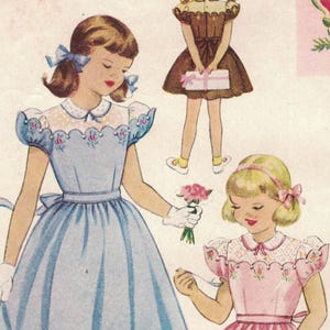 May include: Vintage McCall's sewing pattern for girls' dresses, featuring illustrations of the dresses in blue and pink. The pattern includes a button-on guimpe and transfer instructions. The pattern number is 1654, size 4.