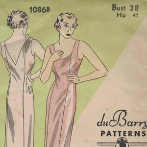 May include: Vintage Du Barry Patterns sewing pattern featuring two illustrations of elegant dresses. The pattern includes the text "Smart Patterns for Smart Women" and measurements of Bust 38 and Hip 41. The price is 10 cents.