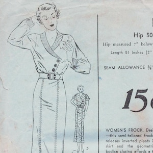 May include: A vintage sewing pattern for a women's frock. The pattern is for a semi-tailored dress with a six-gore skirt, long sleeves, and a shawl collar. The pattern is from Advance Patterns and costs 15 cents. The pattern includes instructions for making the dress in sizes 36 and 50. The dress is 51 inches long with a 2-inch hem. The pattern is designed to slenderize the figure.