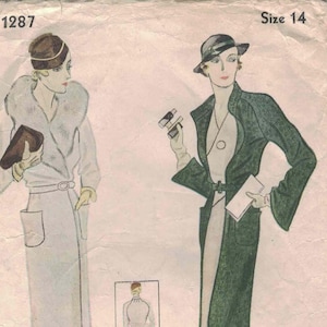 Puede incluir: Patrón de costura Simplicity vintage con dos mujeres con abrigos largos. Uno es blanco con cuello de piel, el otro verde oscuro. El patrón incluye el texto "Size 14" y "1287".