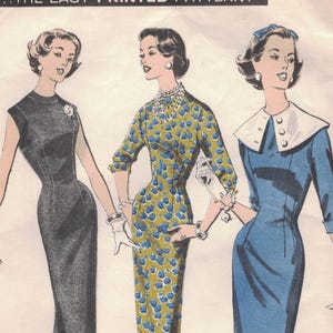 May include: Vintage Advance sewing pattern featuring three dress designs. The illustration shows a black dress, a patterned dress with blue and yellow accents, and a blue dress with a white collar. The text "SEW-EASY!" is visible.