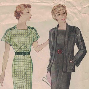 May include: Vintage sewing pattern featuring two women in dresses. One wears a green plaid dress with a black belt, the other a black dress with a matching jacket. The text reads "city Pattern 1564" and "you are always in style when you dress with SIMPLICITY."