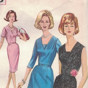 May include: Vintage Simplicity sewing pattern featuring three dress designs. The pattern includes a pink sheath dress, a blue A-line dress, and a black lace dress. The pattern is marked "65c" and "In Canada 75c".