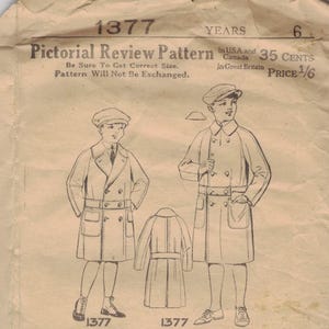 May include: Vintage sewing pattern for boys' and youths' coats, featuring illustrations of the coat design and construction diagrams. Includes size charts and material requirements. The pattern number is 1377.