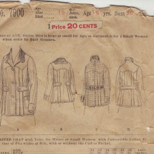 May include: Vintage sewing pattern featuring illustrations of women's coats with various design options. The pattern includes size and measurement details, with a price of 20 cents. Published by The Butterick Publishing Co.