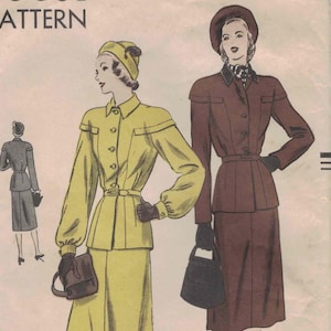 May include: Vintage Vogue pattern featuring illustrations of two women in tailored suits. One suit is yellow, the other is brown. The pattern includes a skirt suit and a jacket suit. The size is 18, with a 36-inch bust and 39-inch hip.