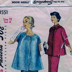 May include: A vintage Simplicity sewing pattern for a dress and jacket. The pattern is for size 15, bust 33. The pattern is printed on a pink background with a white border. The pattern includes instructions for sewing the dress and jacket. The pattern is from 1951.