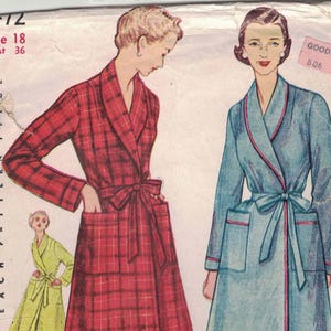 May include: Vintage Simplicity pattern featuring illustrations of two dressing gowns. One is red plaid, the other is blue with pink trim. The pattern includes the text "Simplicity Printed Pattern" and "Simple to Make". Size 18, Bust 36.
