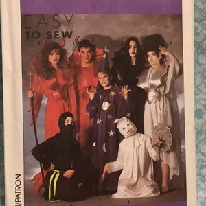 Simplicity 9304 Cut to adult XSM  30-32 Devil, Vampire, Bride of Frankenstein, Ghost, Wizard, Ninja.  See Notes. Missing Appliques