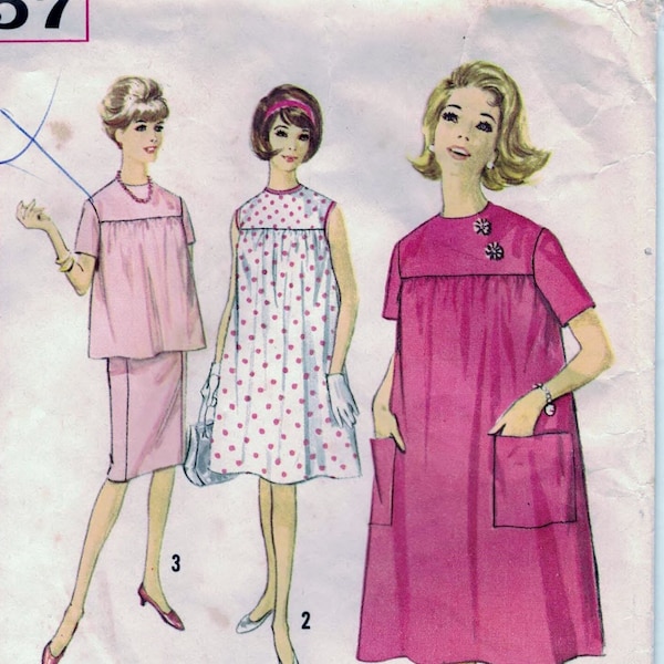 Simplicity 4857 - Maternity Dress, Top and Skirt:  Smock Style Top/Dress, Slim Skirt with Back Kick Pleat, Size 12, Cut and Complete.  1963