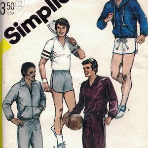 May include: A sewing pattern for three different men's outfits. The first outfit is a purple tracksuit with white stripes. The second outfit is a grey tracksuit with a zipper. The third outfit is a white t-shirt with brown stripes on the sleeves and grey shorts. The pattern is from Simplicity and is size 38-40.