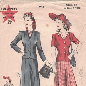 May include: Vintage Hollywood Pattern with illustrations of women's suits and dresses. The designs include a dark grey suit with a pleated skirt and a red suit with a plaid skirt. The pattern is marked "Size 16" and "25¢".