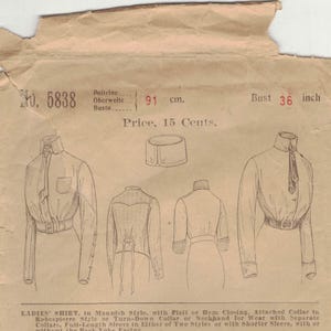 May include: Vintage sewing pattern for a ladies' shirt, featuring various styles and sizes. The pattern includes illustrations and measurements in inches, with a bust size of 36 inches. Price is 15 cents.