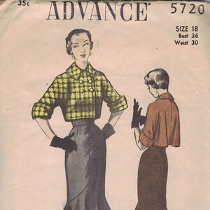 May include: Vintage sewing pattern featuring two women's outfits. The pattern includes a cropped jacket with a yellow and black plaid pattern, a pencil skirt, and a cape-style top with a matching skirt. The pattern is size 18, with a 36-inch bust and a 30-inch waist.