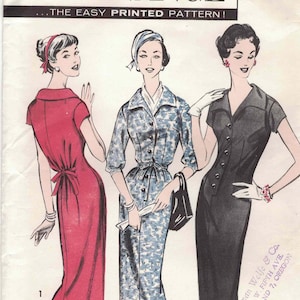 May include: An Advance 8620 size 16 sewing pattern envelope featuring illustrations of three dresses. One is a solid red dress with a back tie, one is a blue and white patterned dress with a belt, and one is a solid black dress with front buttons.