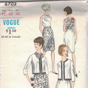 May include: Vintage Vogue sewing pattern featuring illustrations of women's dresses. The designs include a skirt and top with a bow, a sleeveless top and skirt, and a jacket and dress ensemble. The pattern is marked with size, bust, and hip measurements.