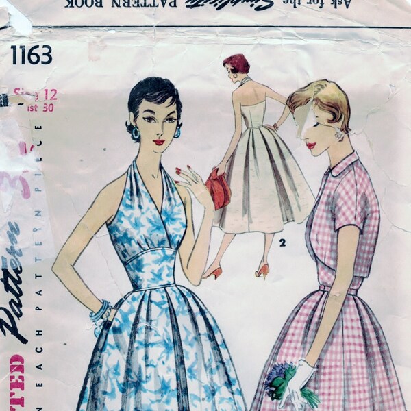 Simplicity 1163, Size Miss 12, Bust 30, Hot Halter Dress with Wide Midriff, Full Pleated Skirt and Bolero Jacket.  Cut and Complete.  1955