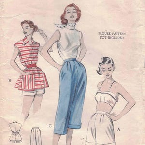 May include: Vintage Butterick printed pattern featuring illustrations of women's clothing. The designs include a striped top and shorts, high-waisted capri pants, and a two-piece outfit. The bust size is 30 inches.