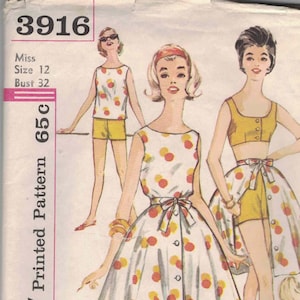 Simplicity 3916 - Summer Wardrobe; Bateau Neckline, Bra Top, Overskirt, Shorts - Bust 32, Factory Folded, MISSING INSTRUCTIONS. 1961