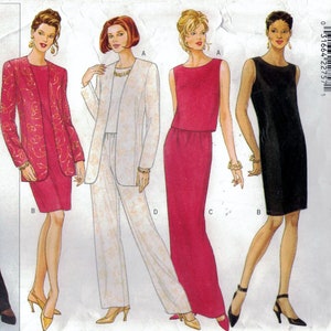 Może przedstawiać: Wzór szycia na cztery różne stroje. Wzór zawiera czarną marynarkę w białe kropki, czerwoną marynarkę z haftem złotym, biały garnitur z długimi spodniami, czerwoną sukienkę z dopasowanym topem i czarną sukienkę. Wzór jest dla rozmiarów 6-8-10-12. Wzór pochodzi od firmy Butterick.