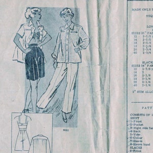May include: A vintage sewing pattern for a shirt, shorts, slacks, and bra. The pattern includes instructions and diagrams for cutting and sewing the garments. The pattern is for sizes 12-40.