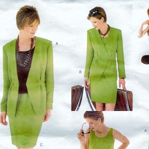 May include: A sewing pattern labelled "five easy pieces" showing various outfit designs. The outfits include a green skirt suit, a green dress, and a brown trouser suit. The pattern is for sizes 6-8-10.