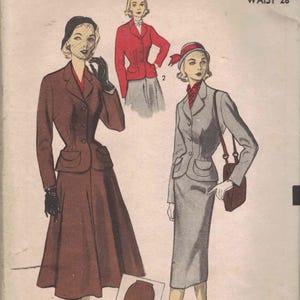 May include: Advance 5944 sewing pattern envelope for size 16, bust 34, waist 28. The cover features illustrations of three suit variations: a brown jacket with a flared skirt, a red jacket with a grey skirt, and a grey suit with a straight skirt.