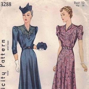 May include: A Simplicity sewing pattern envelope 3288 featuring two dress designs. One is a solid blue dress with a matching hat and gloves, the other is a floral print dress with short sleeves. Text includes Simplicity Pattern 3288, Bust 50, Hip 56.