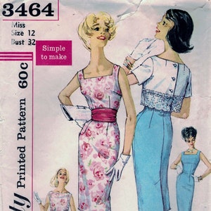 May include: Vintage sewing pattern for a dress with a floral print and a matching jacket. The pattern is for size 12 and bust 32. The pattern is labeled "Simplicity Printed Pattern 60c" and "Simple to make".