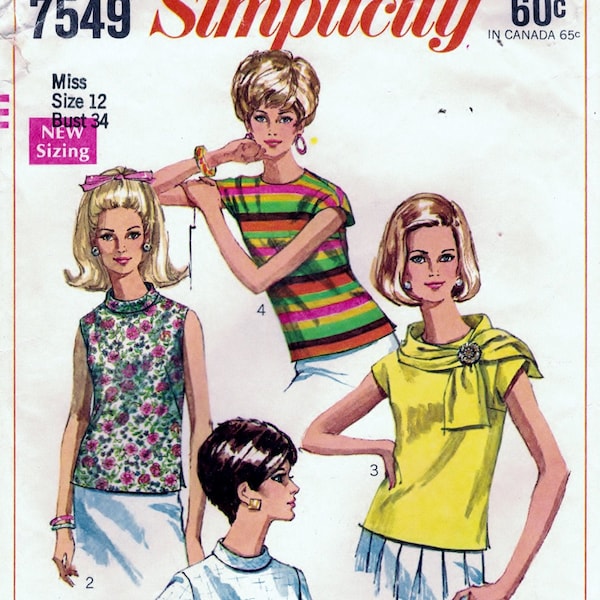 Simplicity 7549 - Misses' Overblouses and Scarf, Size 12, Bust 34, Cut and Complete.  1968