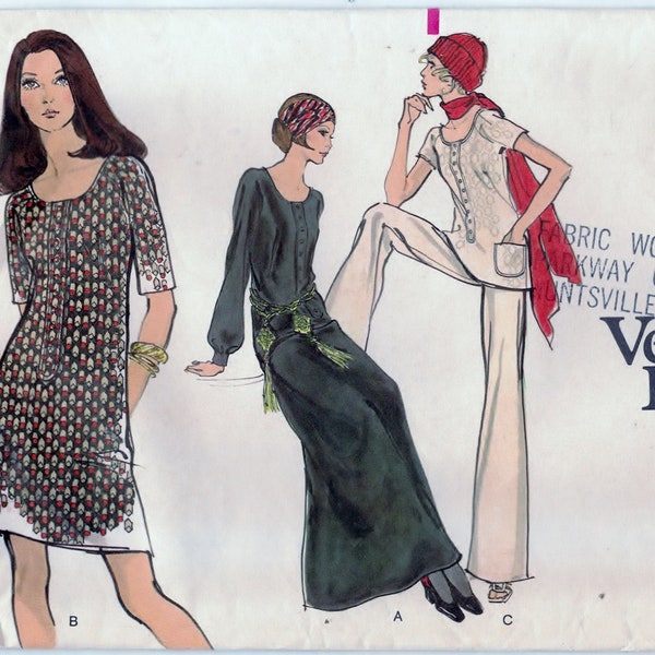 Vogue 7752 Very Easy 70's MIss Scoop Neck Evening Length Tunic or Above Knee Dress and Flared Pants - Size 10, Cut and Complete.  1970