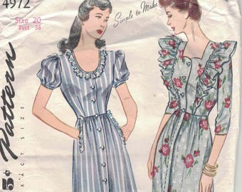 Simplicity 4972 - House Dress or House Coat - Miss 20, Bust 38 - Unprinted and Complete.  1940's