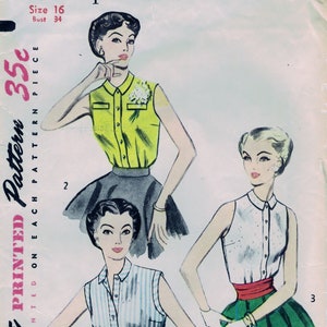 May include: A vintage sewing pattern for a sleeveless blouse. The pattern is for size 16, bust 34. The pattern is printed on white paper with a pink border. The pattern shows three different styles of blouses. The first blouse is yellow with a white collar and buttons. The second blouse is blue and white striped with a white collar and buttons. The third blouse is white with a red belt and a green skirt.