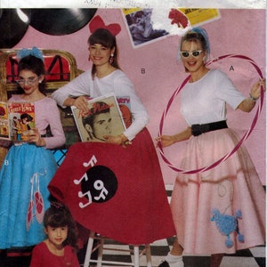 May include: A vintage sewing pattern for a 1950s-style dress. The pattern shows three girls wearing different styles of dresses with poodle and music note embellishments. The pattern number is 4286.