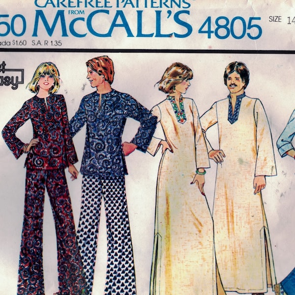 MCall's 4805 Misses' Caftan, Top, Pants or Pajamas with Transfer *ORIGINAL INSTRUCTIONS MISSING.  Pattern Cut, Size 14.  1975