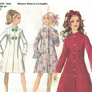 May include: Simplicity pattern 7911 for Misses' robes in two lengths. The illustration shows three robe designs: a white robe with green accents, a floral robe, and a long, quilted red robe. Bust size 36 inches.