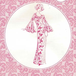 May include: A vintage sewing pattern from Patterns Pacifica, featuring a size 12 dress design. The cover is predominantly pink with a floral pattern and a central illustration of a woman in a long dress with flared sleeves. The text "patterns pacifica" is displayed.