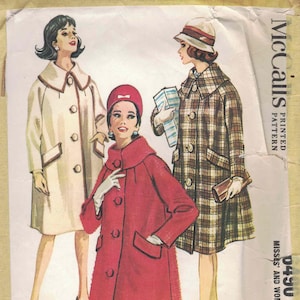 May include: A vintage McCall's sewing pattern envelope for a coat, featuring illustrations of three coats: one cream, one red, and one brown plaid. The text reads McCall's Printed Pattern 0490, Misses' and Women's Coat, Bust 38, 75c, in Canada 85c.