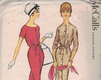 McCall's 4981 Easy Printed Pattern, Misses' Button Front Dress with Slim Skirt, Size 14, Bust 34, Cut and Complete.  1959